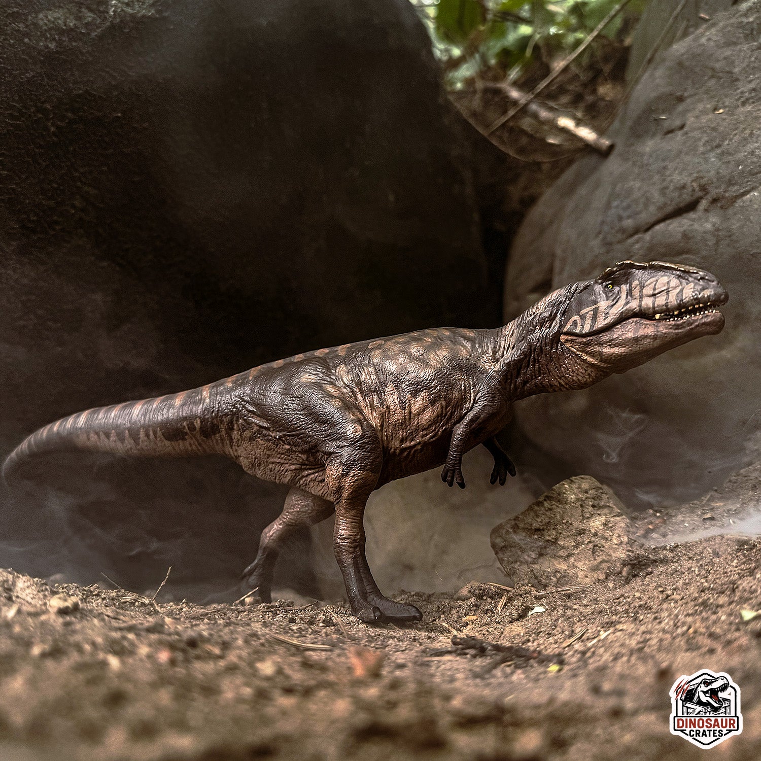 EoFauna Giganotosaurus dinosaur model standing on a rocky surface with a natural background