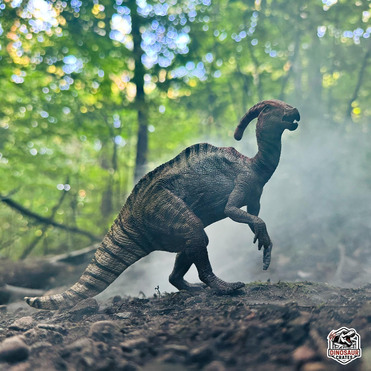 Papo Parasaurolophus Dinosaur model in a forest setting
