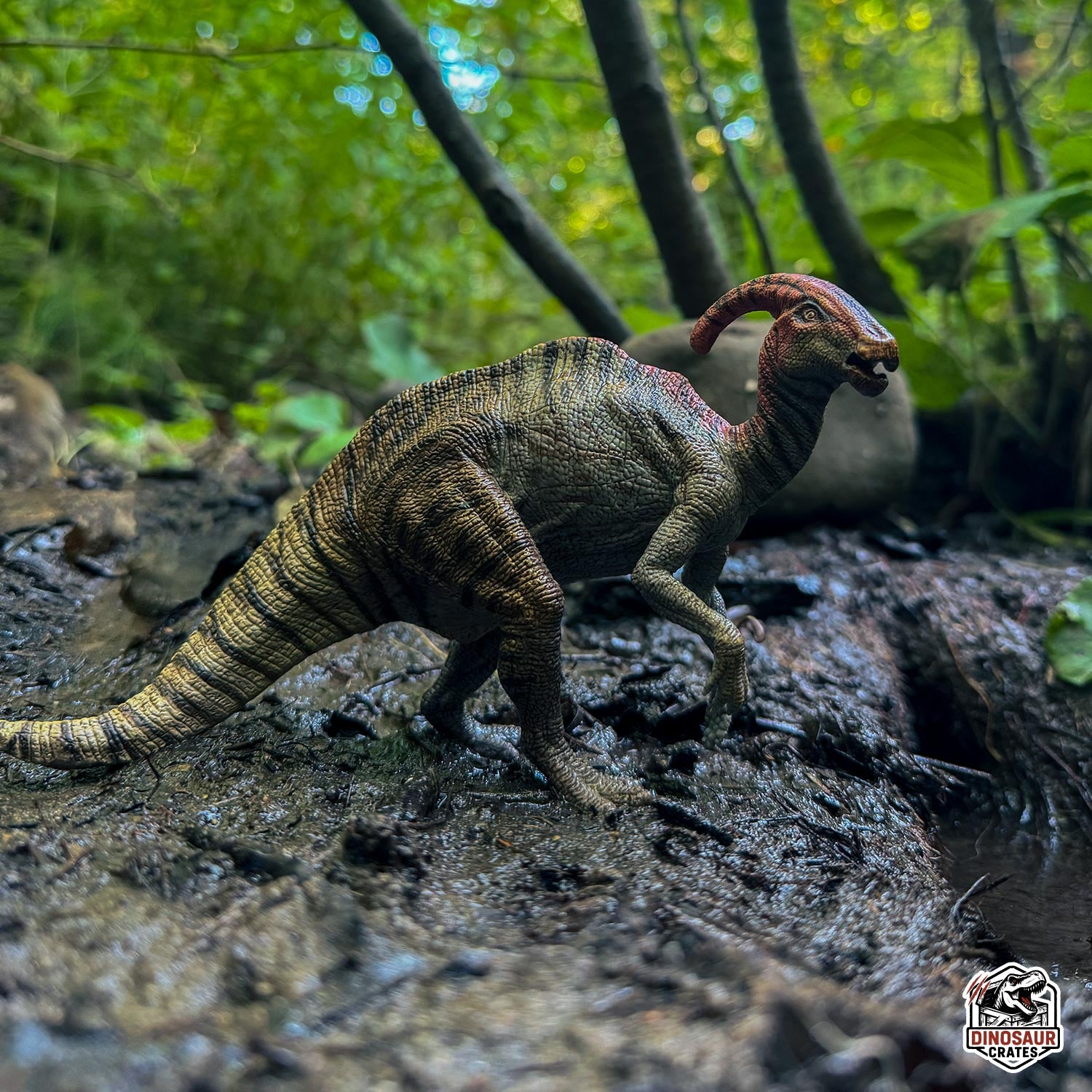 Papo Parasaurolophus Dinosaur model in a forest setting